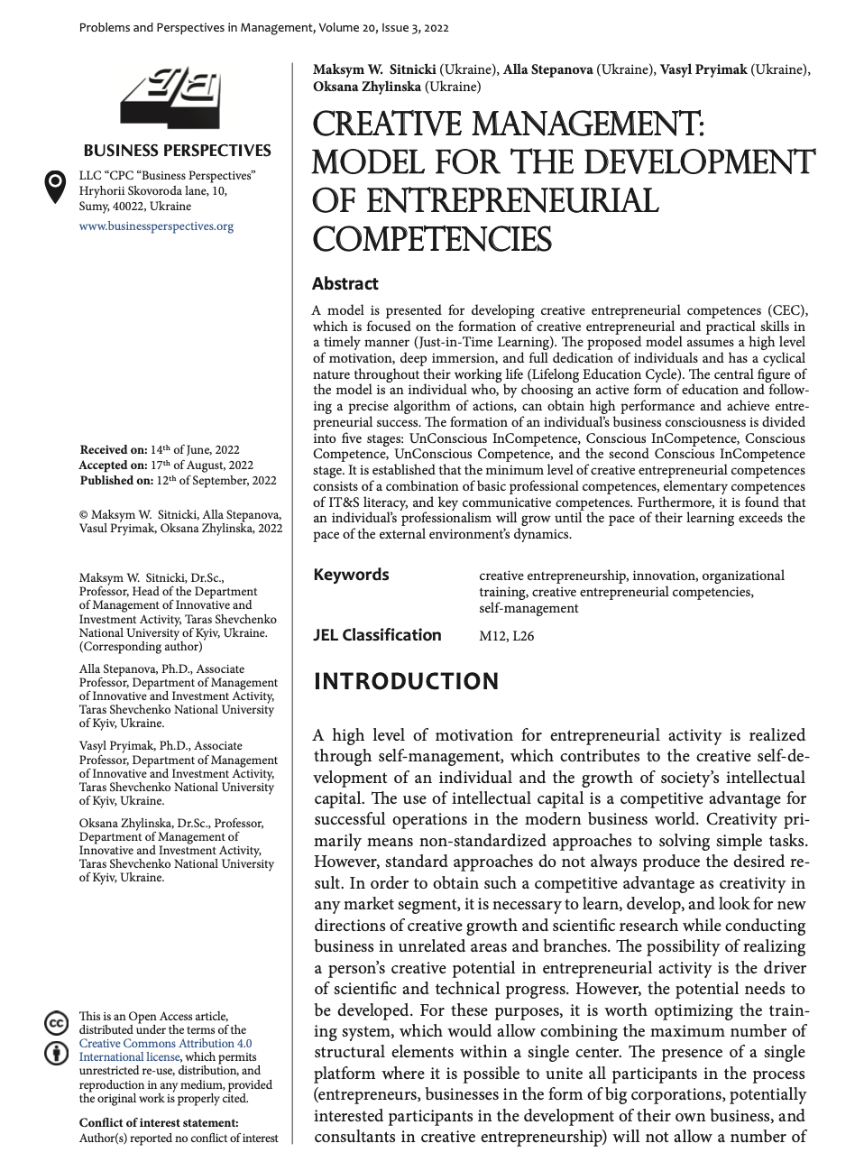 Creative management: Model for the development of entrepreneurial competencies (SCOPUS)